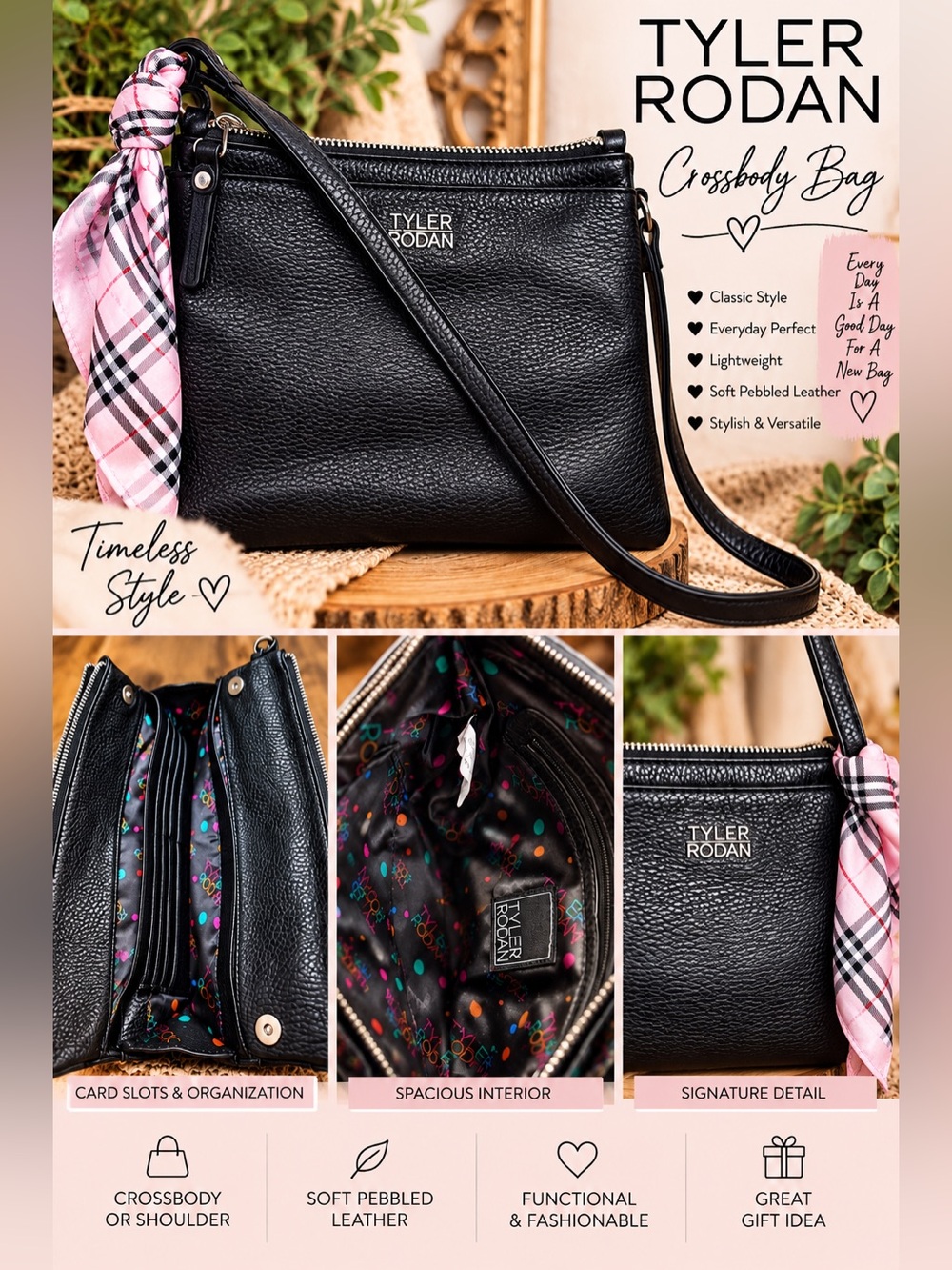 Tyler Rodan Black Pebbled Leather Crossbody with Pink Plaid Scarf Accent